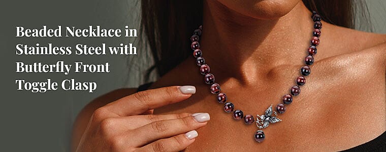 Beaded Necklace in Stainless Steel with Butterfly Front Toggle Clasp Banner