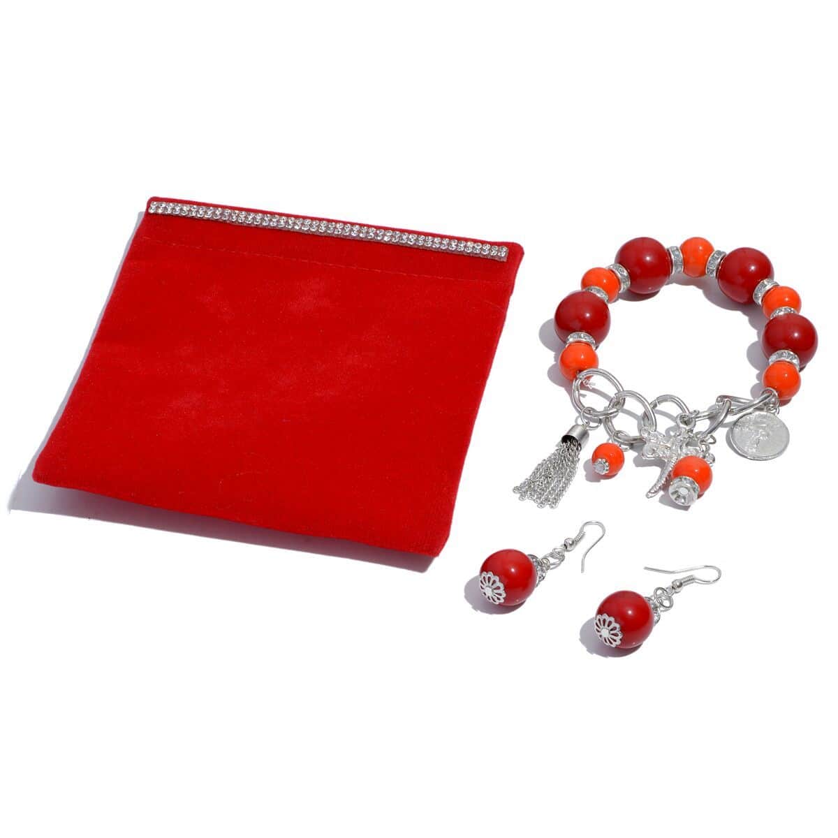 Red and Orange Chroma Stretchable Bracelet and Earrings in Austrian Crystal Silvertone image number 0