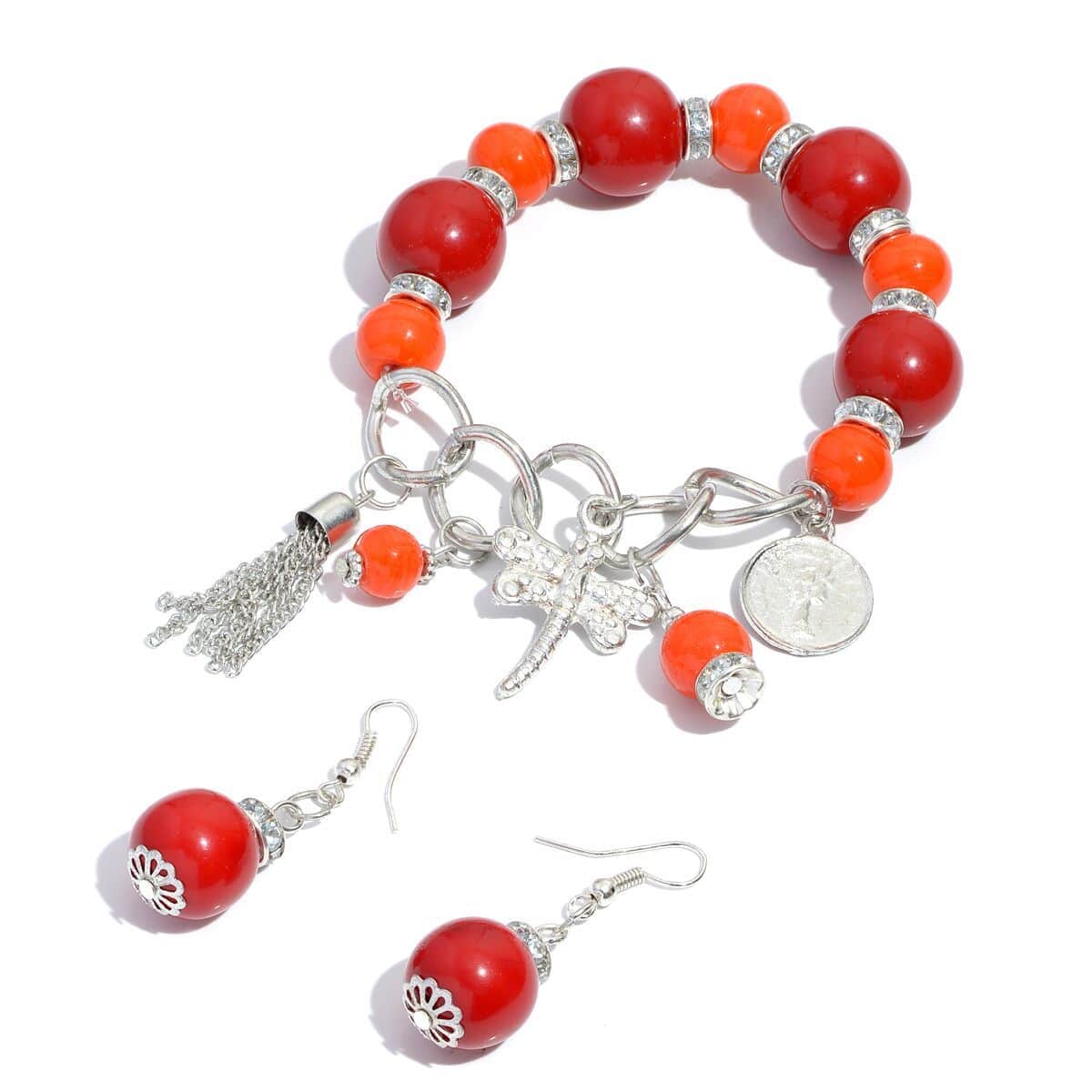 Red and Orange Chroma Stretchable Bracelet and Earrings in Austrian Crystal Silvertone image number 1