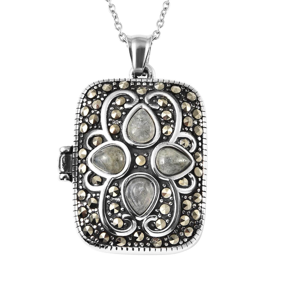 Malagasy Labradorite and Swiss Marcasite Locket Pendant Necklace 20 Inches in Black Oxidized Stainless Steel 45.00 ctw image number 0