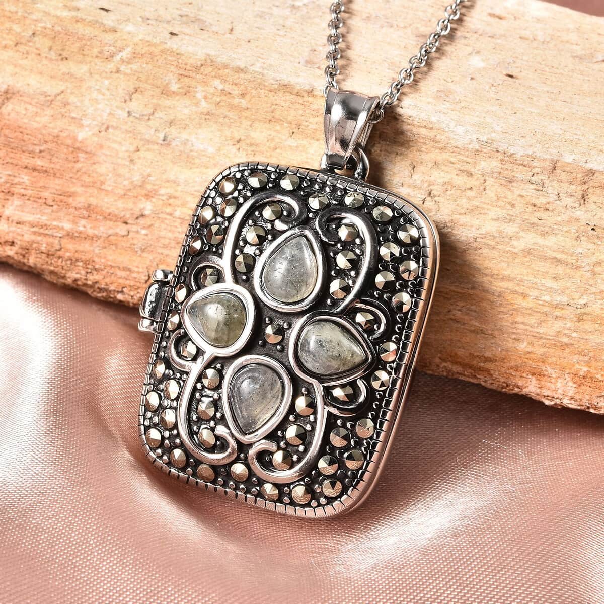 Malagasy Labradorite and Swiss Marcasite Locket Pendant Necklace 20 Inches in Black Oxidized Stainless Steel 45.00 ctw image number 1