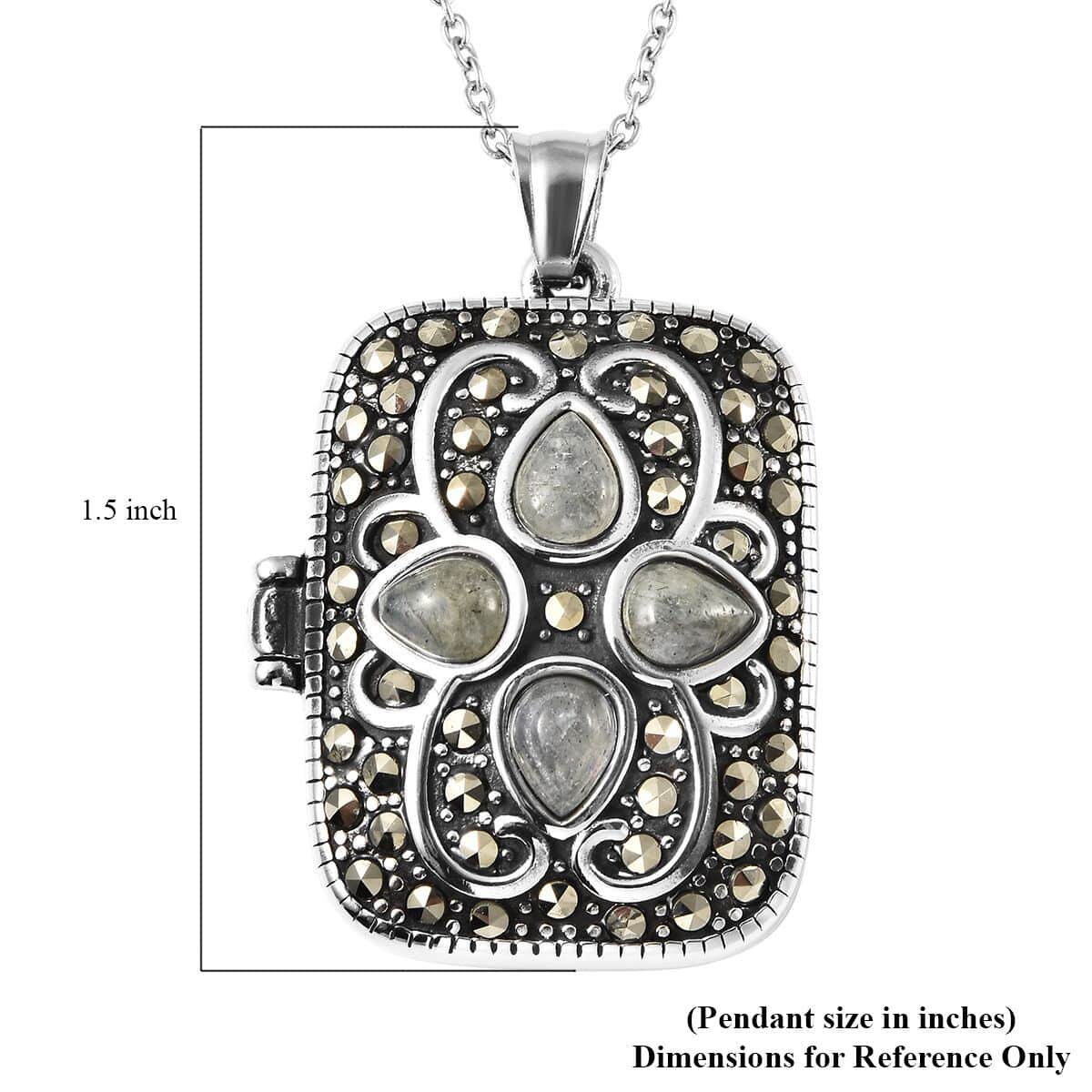 Malagasy Labradorite and Swiss Marcasite Locket Pendant Necklace 20 Inches in Black Oxidized Stainless Steel 45.00 ctw image number 6