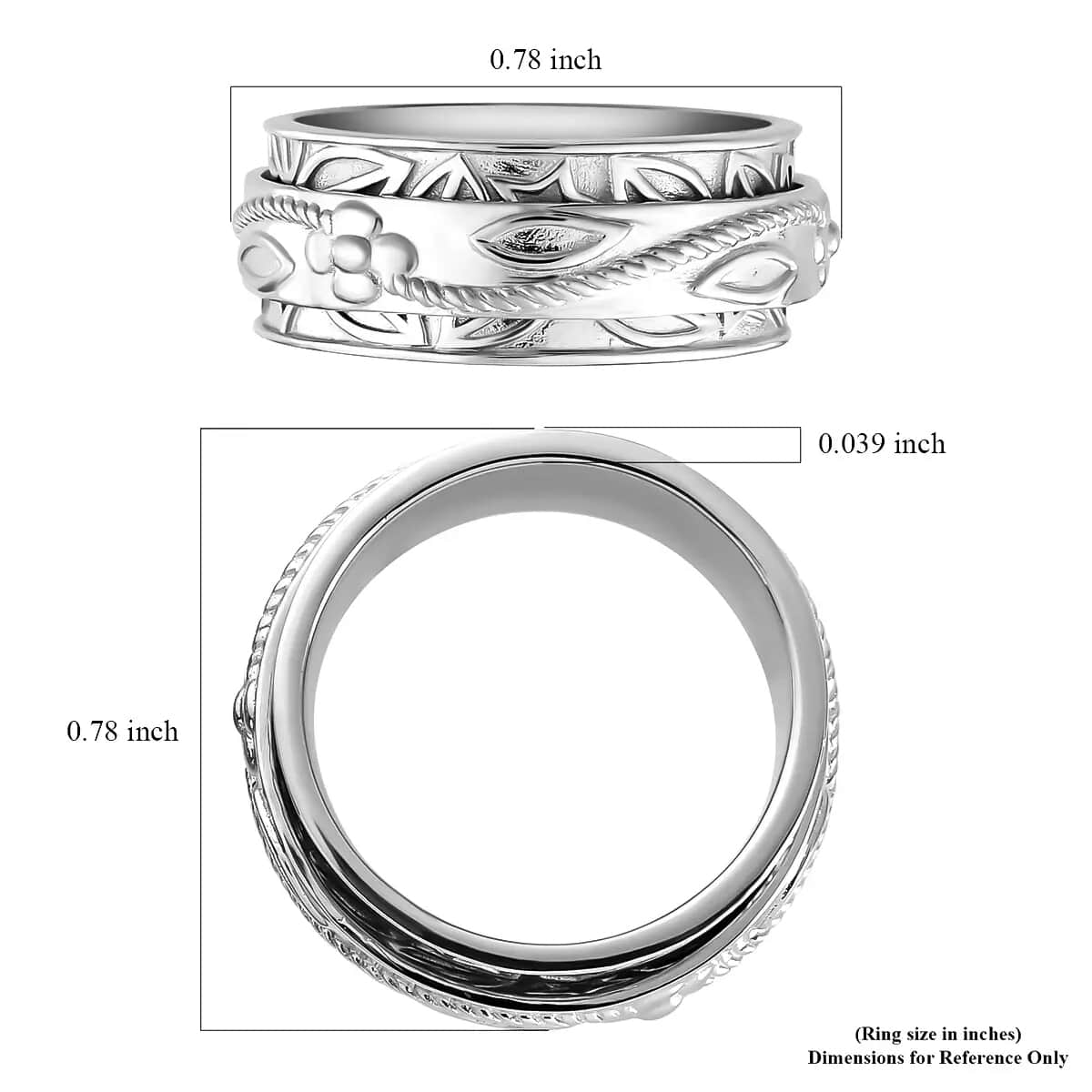 Sterling Silver Floral Engraved Concave Spinner Ring, Anxiety Ring for Women, Fidget Rings for Anxiety for Women, Stress Relieving Anxiety Ring (Size 8.0) (5 g) image number 6