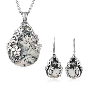 Dendritic Agate, White Austrian Crystal Lever Back Floral Earrings and Pendant Necklace (20 Inches) in Stainless Steel 92.50 ctw