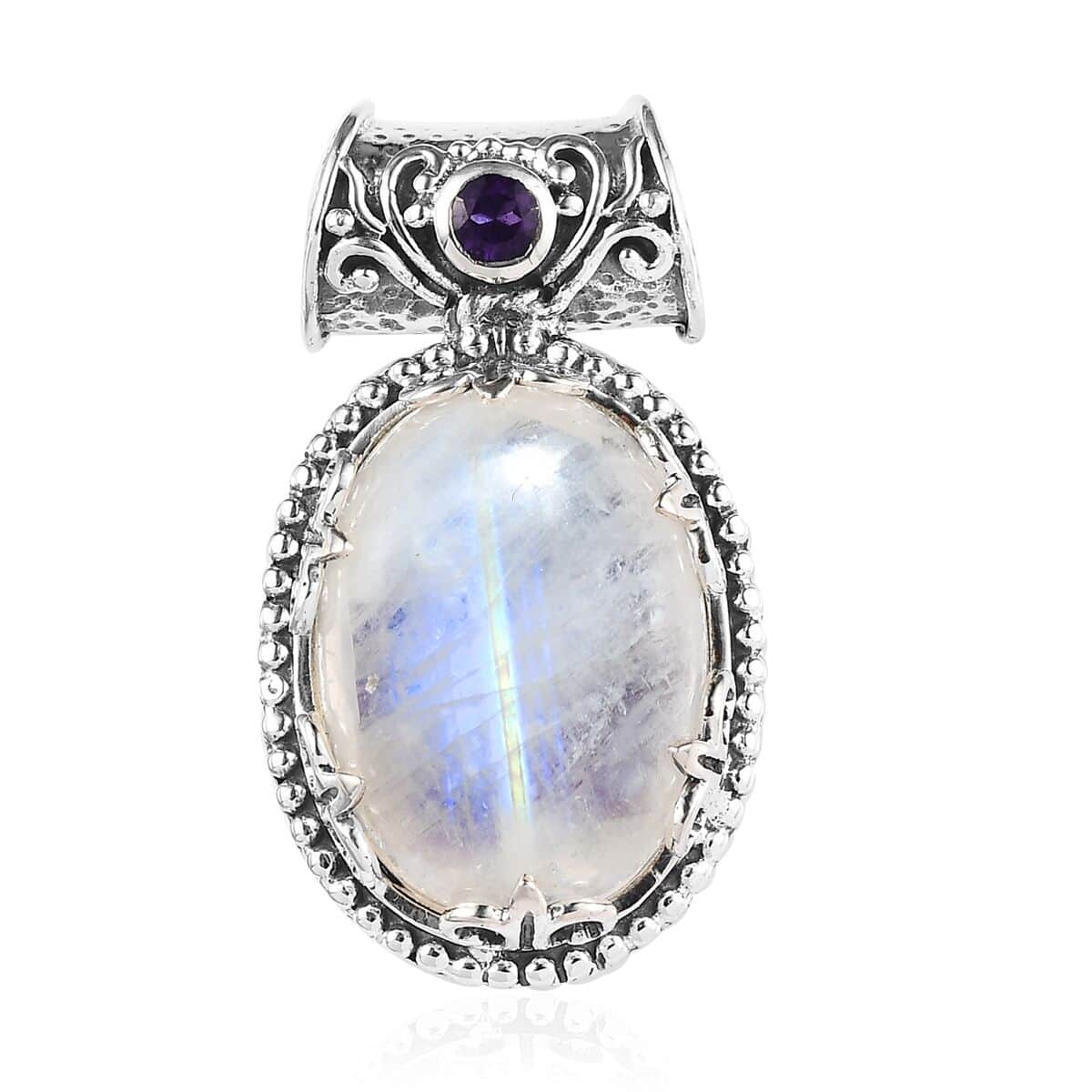 Artisan Crafted Kuisa Rainbow Moonstone and Amethyst Pendant in Sterling Silver 12.90 ctw image number 0