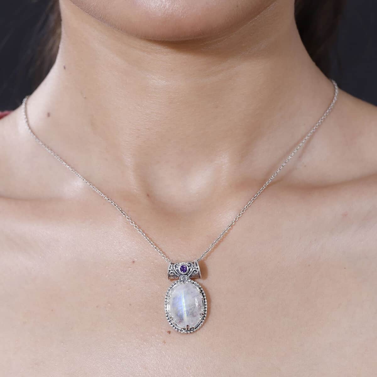 Artisan Crafted Kuisa Rainbow Moonstone and Amethyst Pendant in Sterling Silver 12.90 ctw image number 1