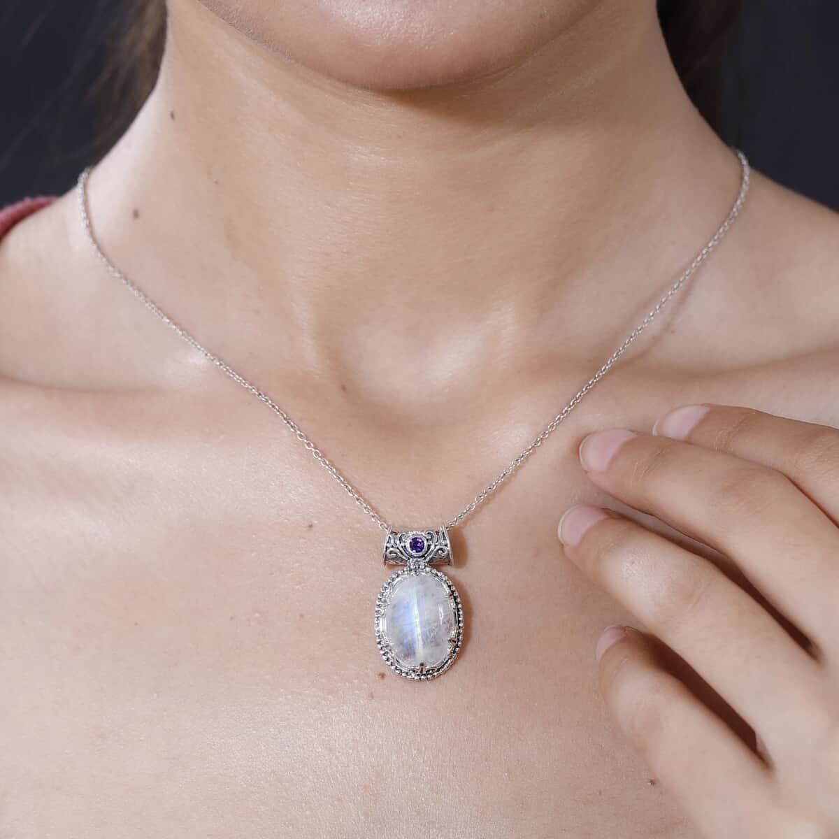 Artisan Crafted Kuisa Rainbow Moonstone and Amethyst Pendant in Sterling Silver 12.90 ctw image number 2