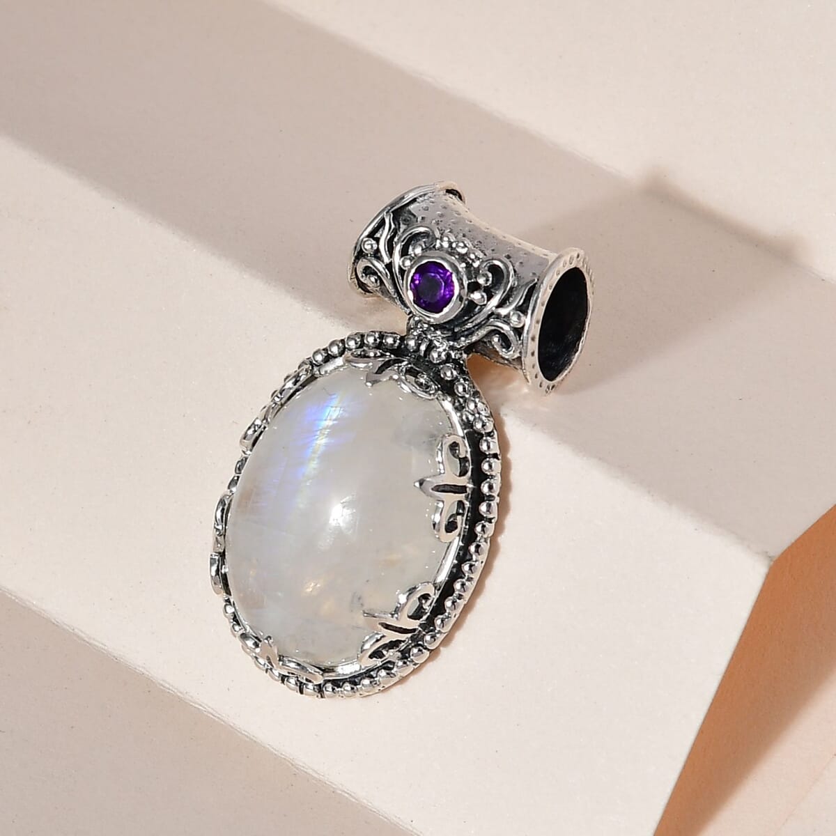 Artisan Crafted Kuisa Rainbow Moonstone and Amethyst Pendant in Sterling Silver 12.90 ctw image number 3