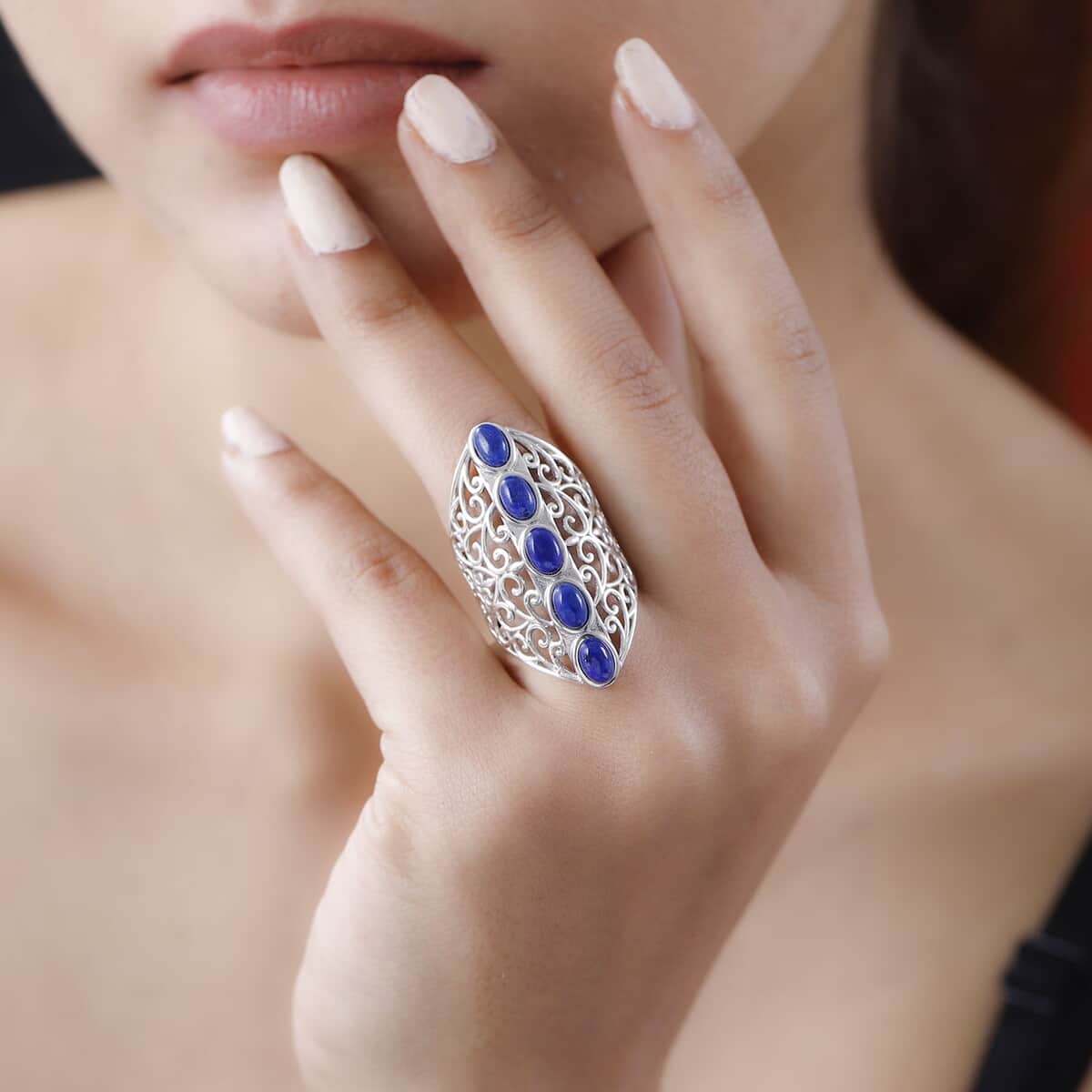 Karis Lapis Lazuli Openwork Elongated Ring in Platinum Bond (Size 8.0) 3.25 ctw image number 1