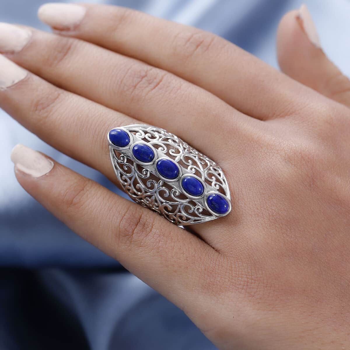Karis Lapis Lazuli Openwork Elongated Ring in Platinum Bond (Size 8.0) 3.25 ctw image number 2