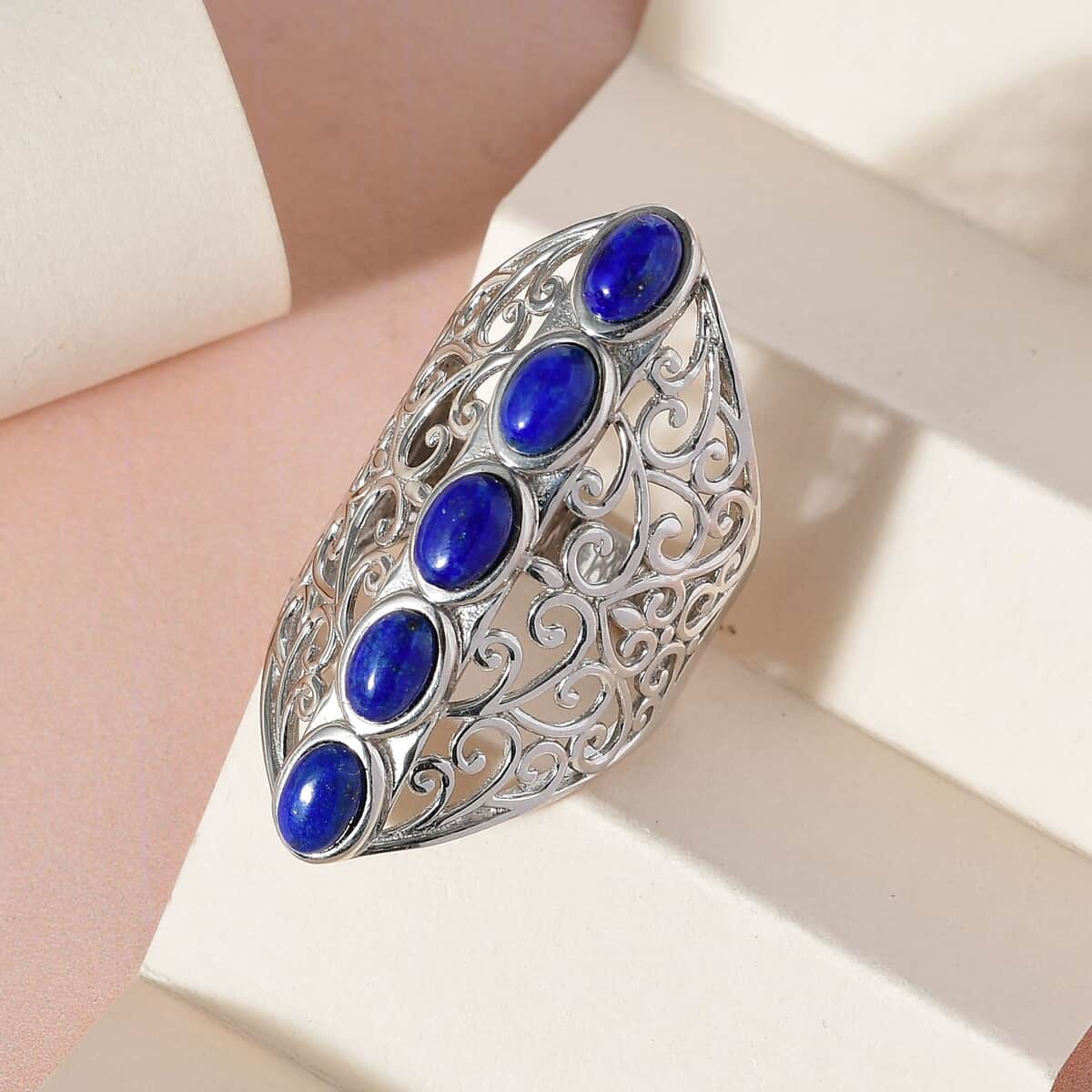 Karis Lapis Lazuli Openwork Elongated Ring in Platinum Bond (Size 8.0) 3.25 ctw image number 4