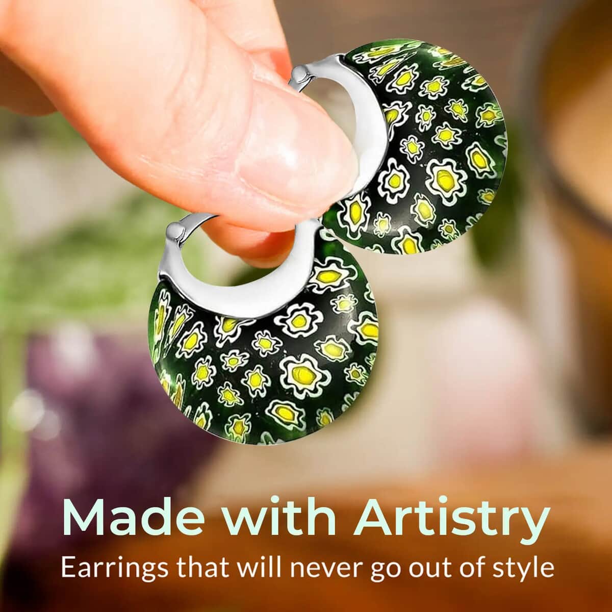 Green Murano Style Basket Hoop Earrings in Stainless Steel image number 1