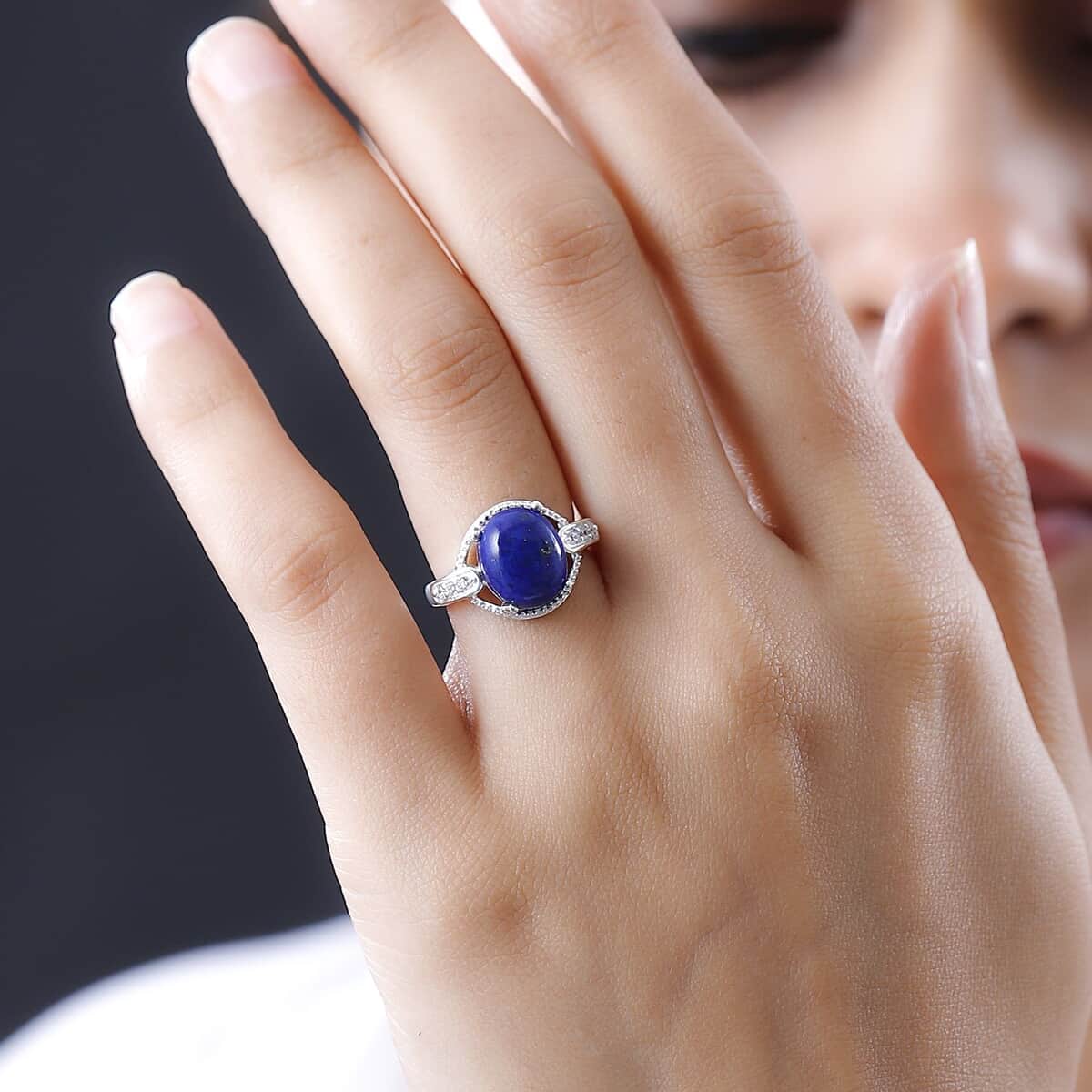 Lapis Lazuli and Simulated Diamond Ring in Sterling Silver (Size 8.0) 4.50 ctw image number 2