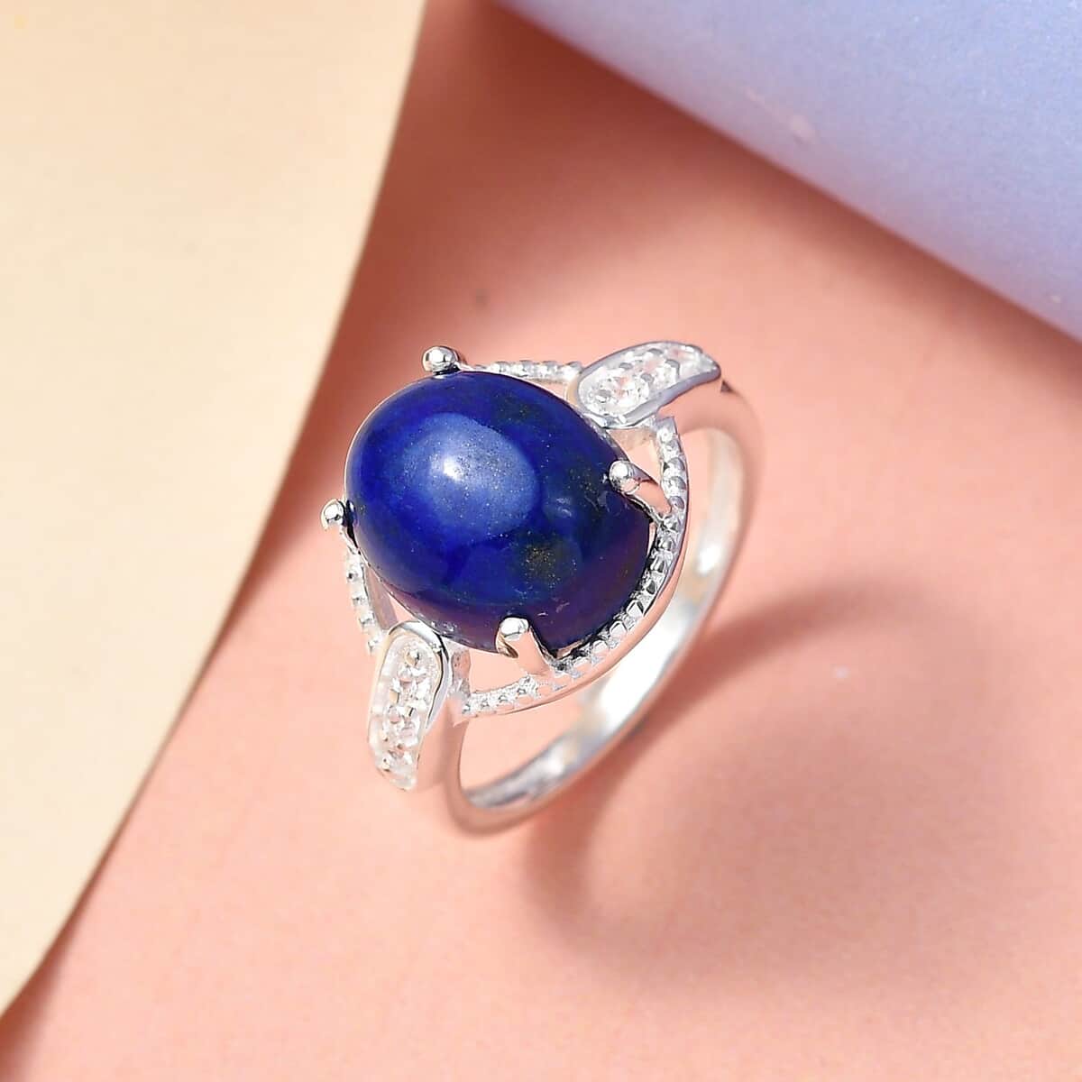 Lapis Lazuli and Simulated Diamond Ring in Sterling Silver (Size 8.0) 4.50 ctw image number 3