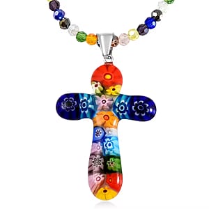 Multi Color Murano Style Cross Pendant Beaded Necklace (20 Inches) in Stainless Steel