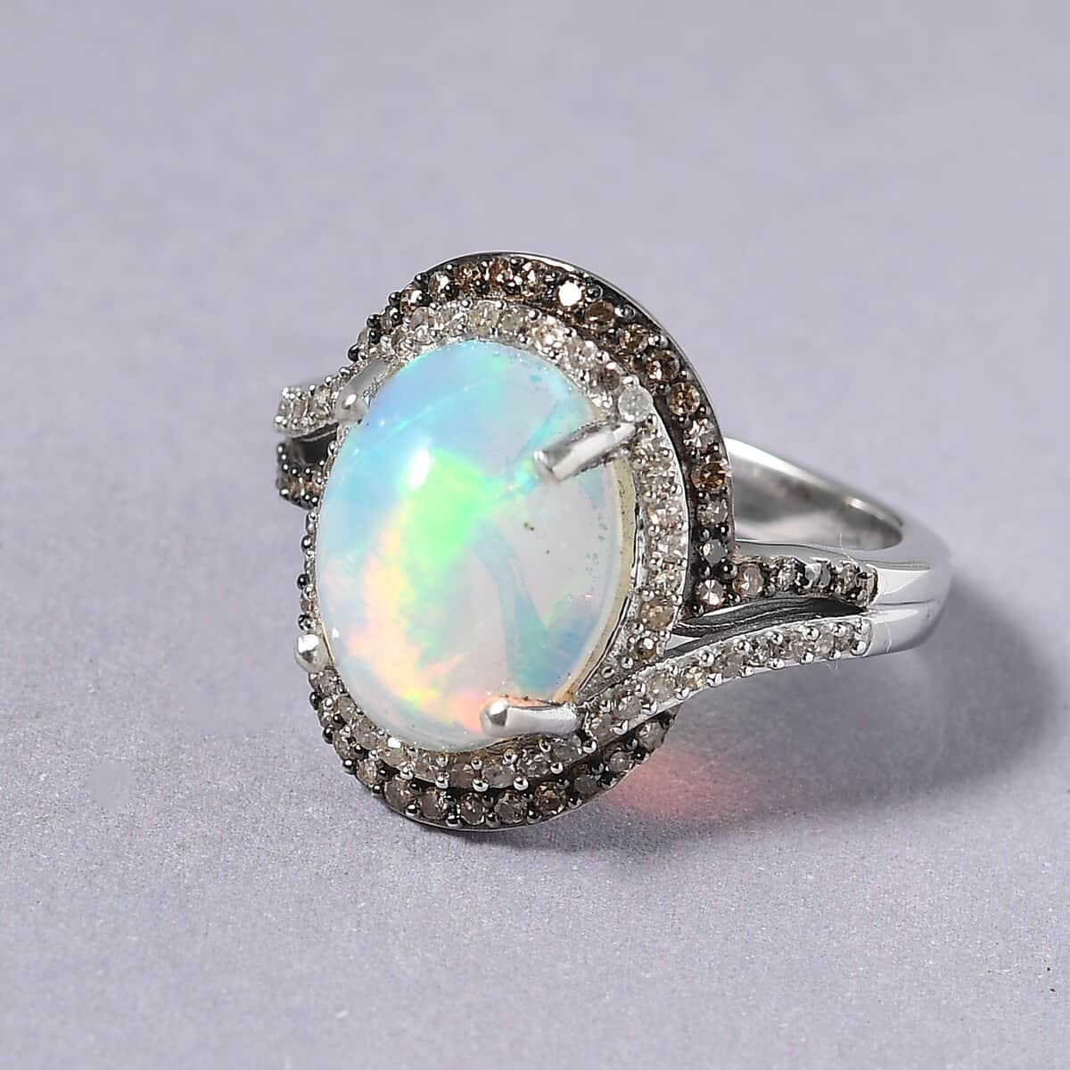 Ethiopian Welo Opal, Natural Champagne and White Diamond Ring in Platinum Over Sterling Silver 3.80 ctw image number 1