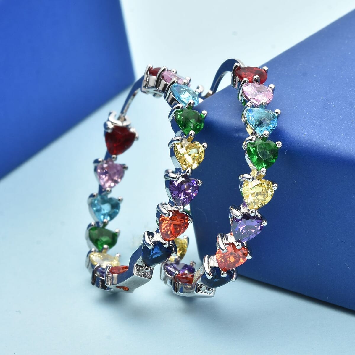 Simulated Multi Color Diamond Earrings in Silvertone| Inside Out Hoops| Simulated Diamond Jewelry For Women   13.25 ctw image number 1