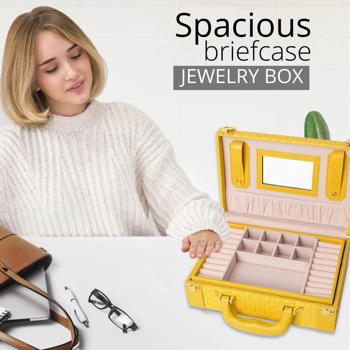 Yellow Jewelry Organizer Woven Texture Briefcase Faux Leather Box Case with Handle Lock image number 1