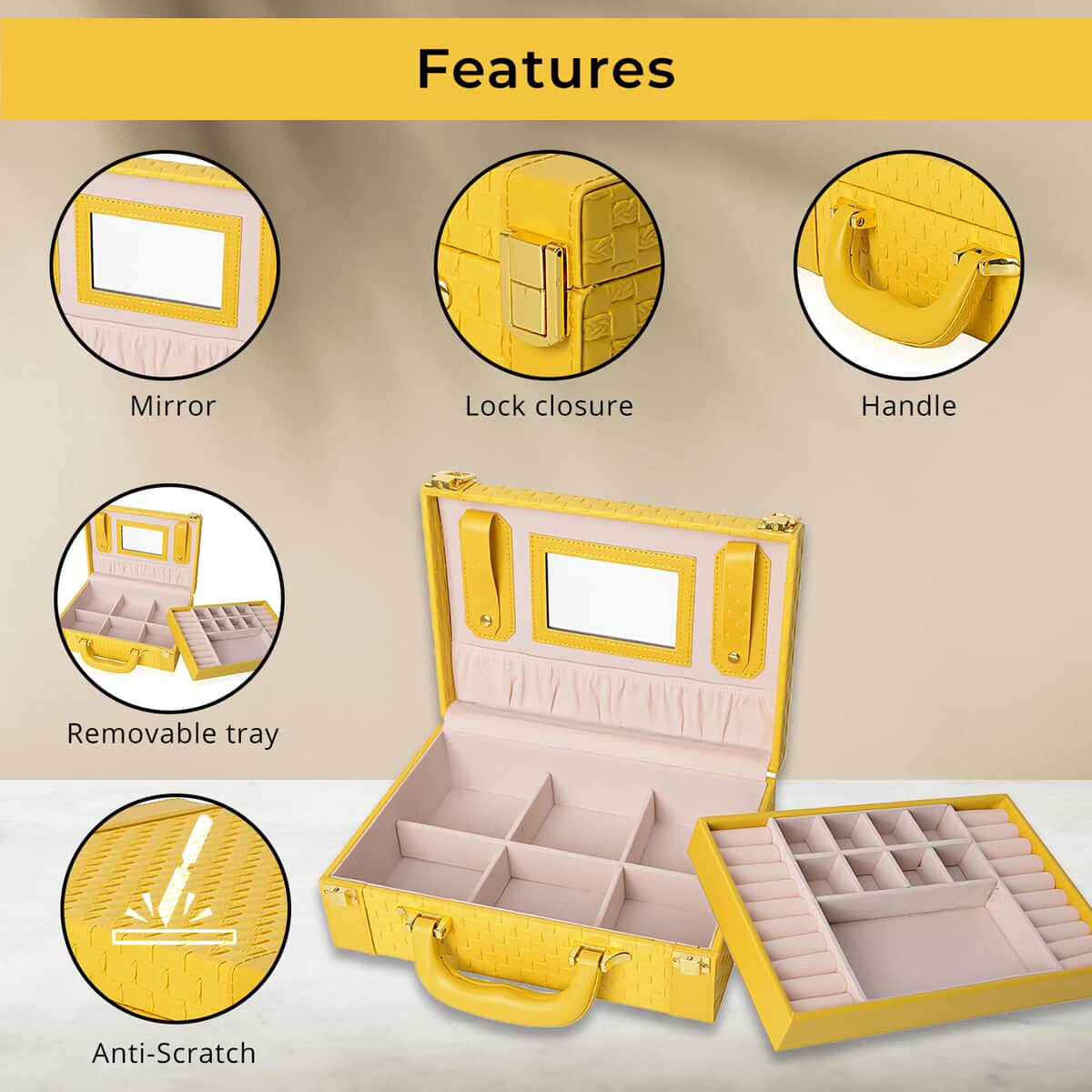 Yellow Jewelry Organizer Woven Texture Briefcase Faux Leather Box Case with Handle Lock image number 2