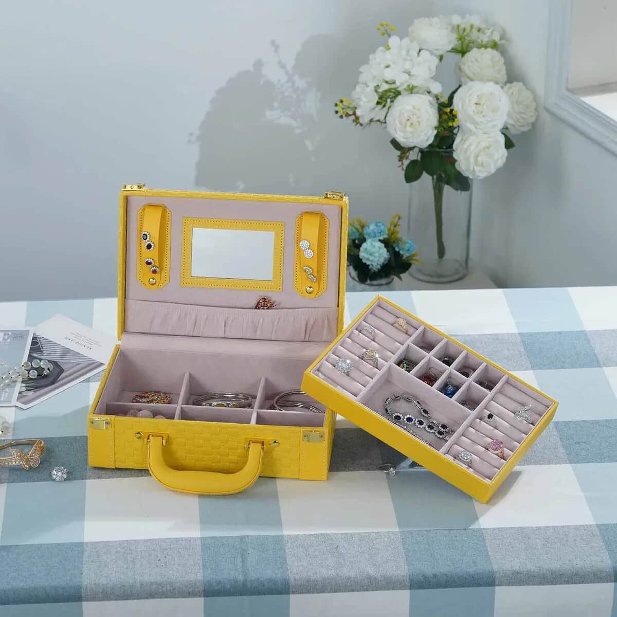 Yellow Jewelry Organizer Woven Texture Briefcase Faux Leather Box Case with Handle Lock image number 4
