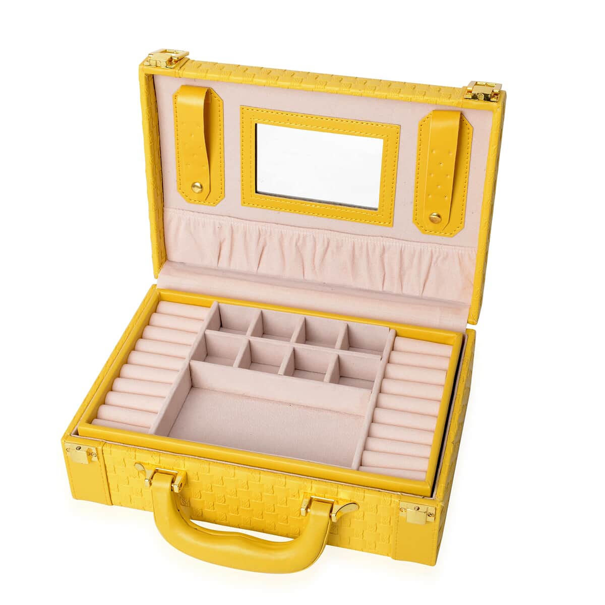 Yellow Jewelry Organizer Woven Texture Briefcase Faux Leather Box Case with Handle Lock image number 6