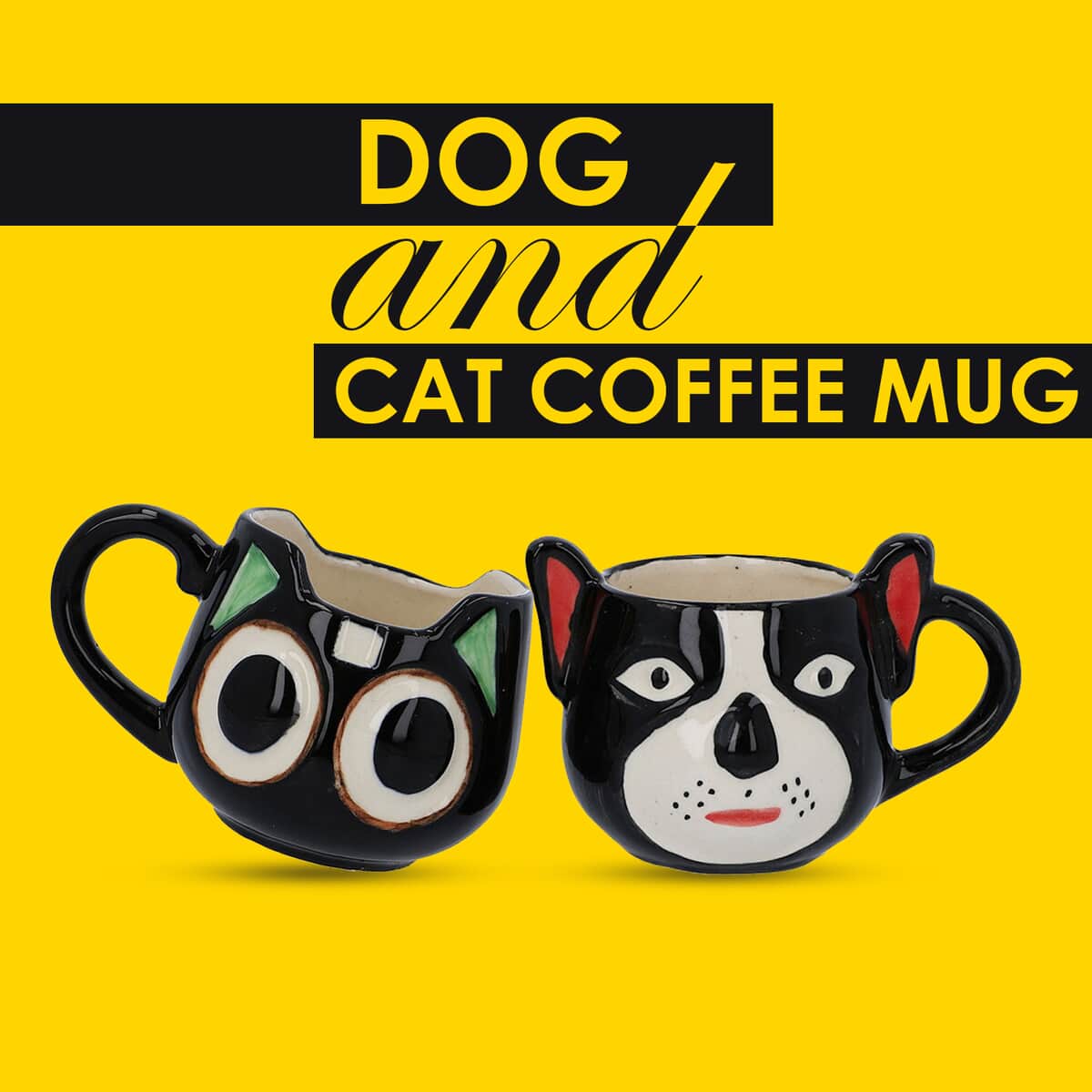 Set of 2 Multi Color Ceramic Dog and Cat Coffee Mug image number 1