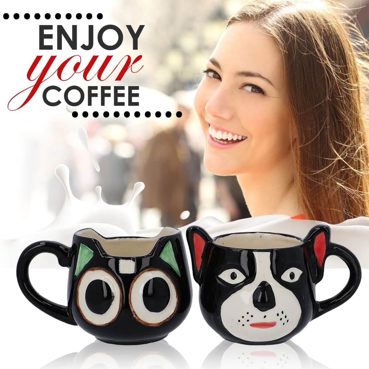Set of 2 Multi Color Ceramic Dog and Cat Coffee Mug image number 2