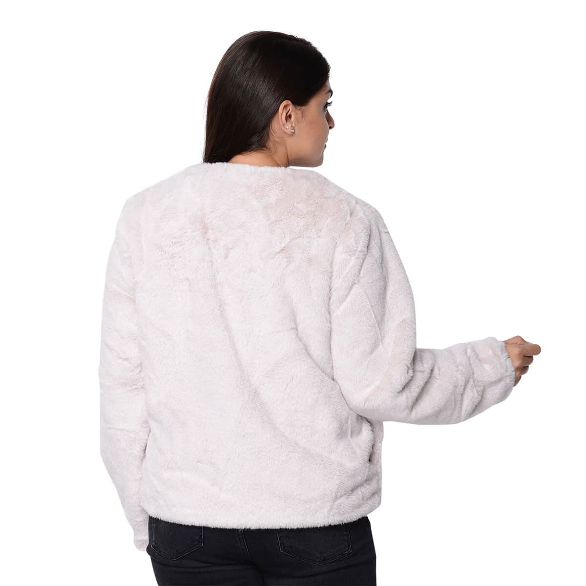 White Faux Fur Collarless Winter Coat (XXL, Polyester) image number 1