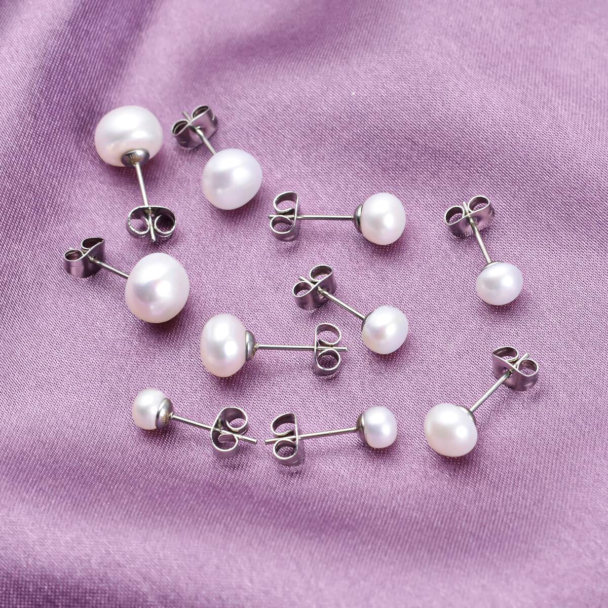 Set of 5 Freshwater Cultured White Pearl Stud Earrings in Stainless Steel| Solitaire Pearl Earrings| Pearl Jewelry For Women image number 1