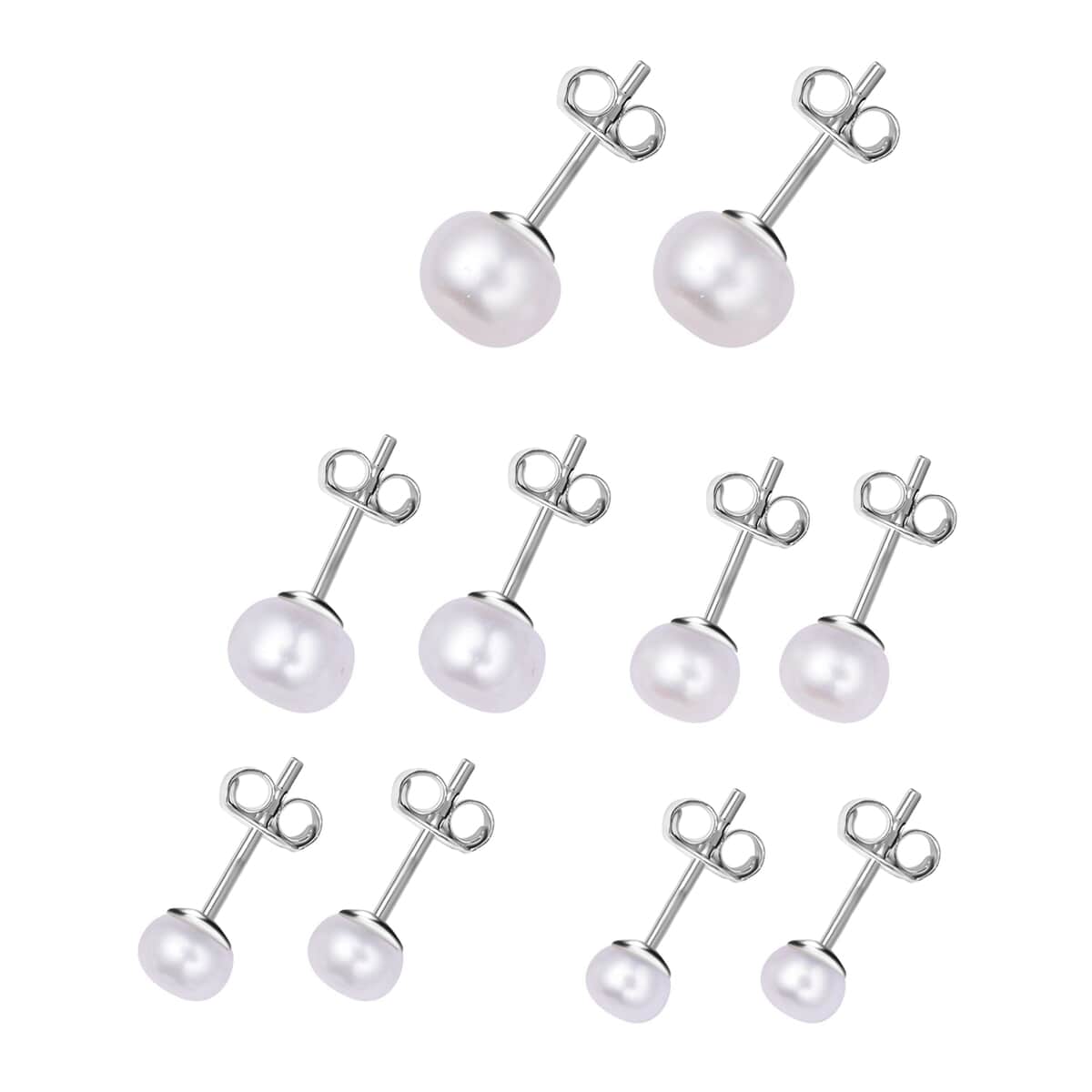 Set of 5 Freshwater Cultured White Pearl Stud Earrings in Stainless Steel| Solitaire Pearl Earrings| Pearl Jewelry For Women image number 2