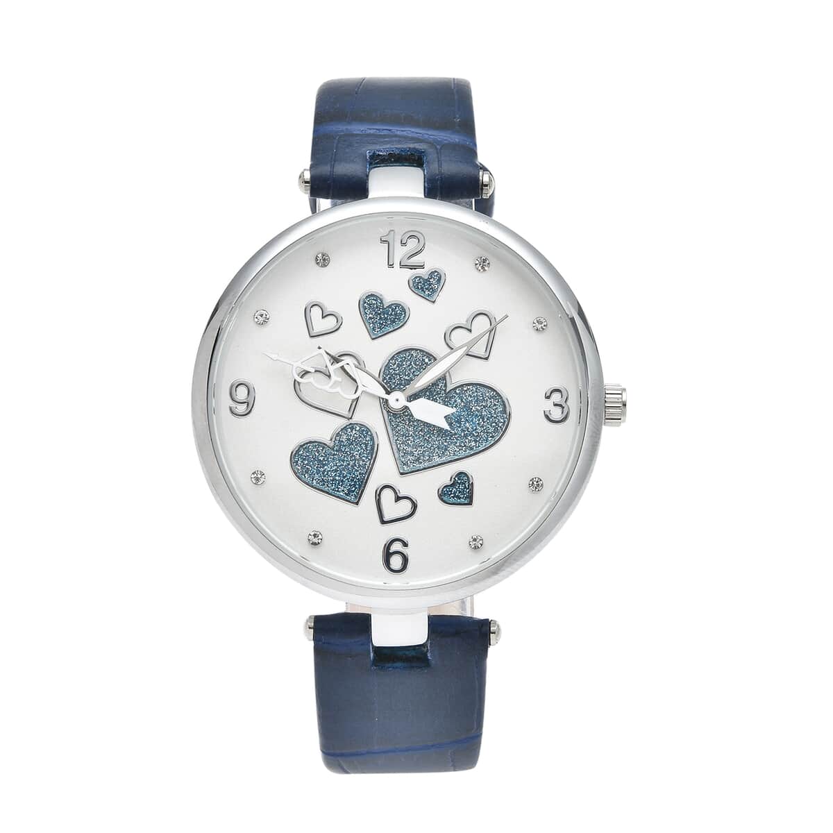 STRADA Austrian Crystal Japanese Movement Watch in Silvertone with Navy Blue Vegan Leather Strap image number 0