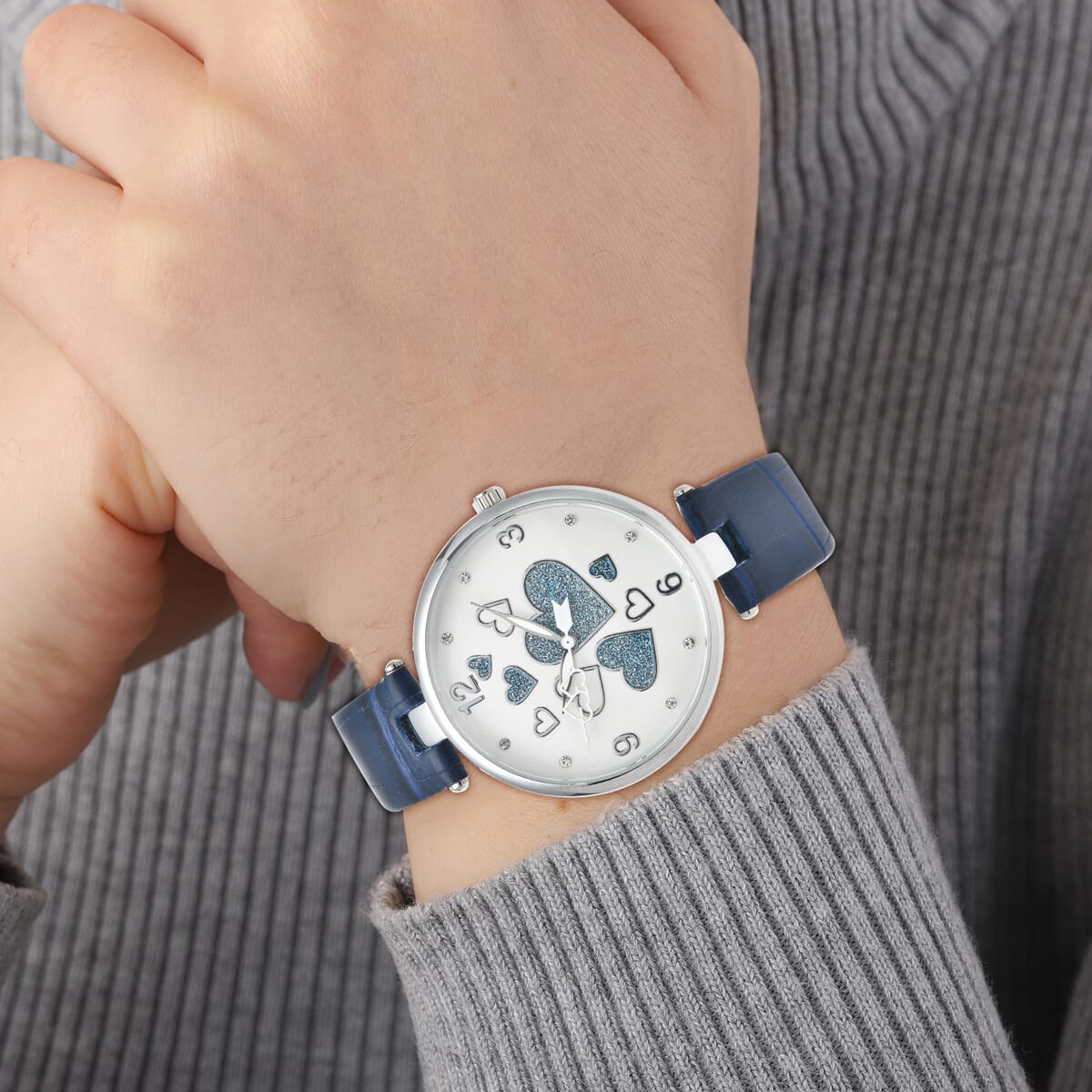 STRADA Austrian Crystal Japanese Movement Watch in Silvertone with Navy Blue Vegan Leather Strap image number 2