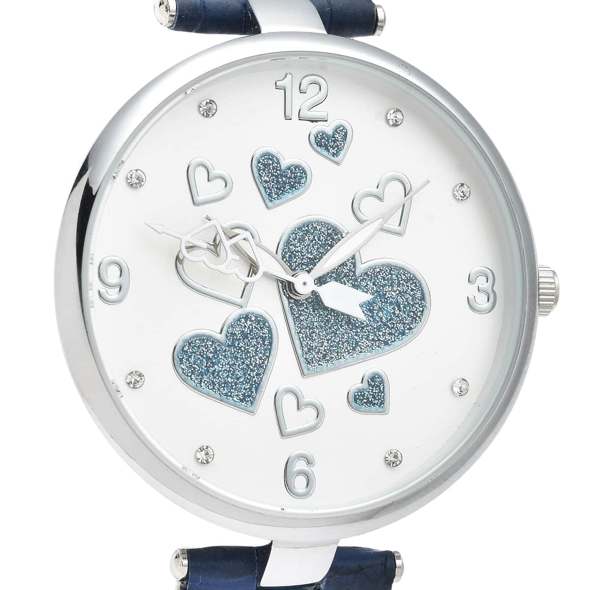 STRADA Austrian Crystal Japanese Movement Watch in Silvertone with Navy Blue Vegan Leather Strap image number 3