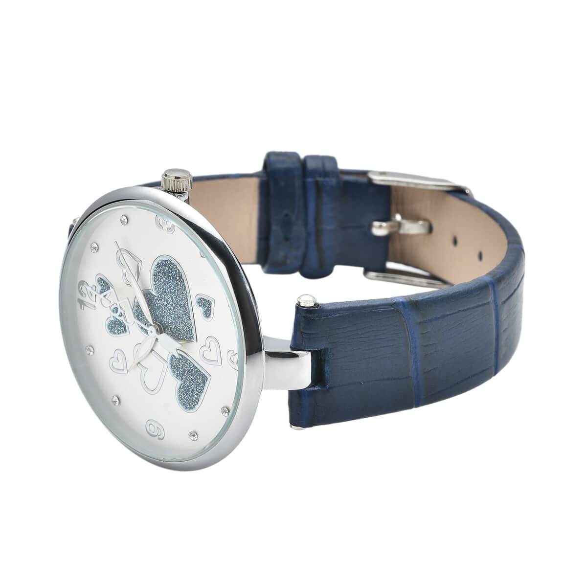 STRADA Austrian Crystal Japanese Movement Watch in Silvertone with Navy Blue Vegan Leather Strap image number 4