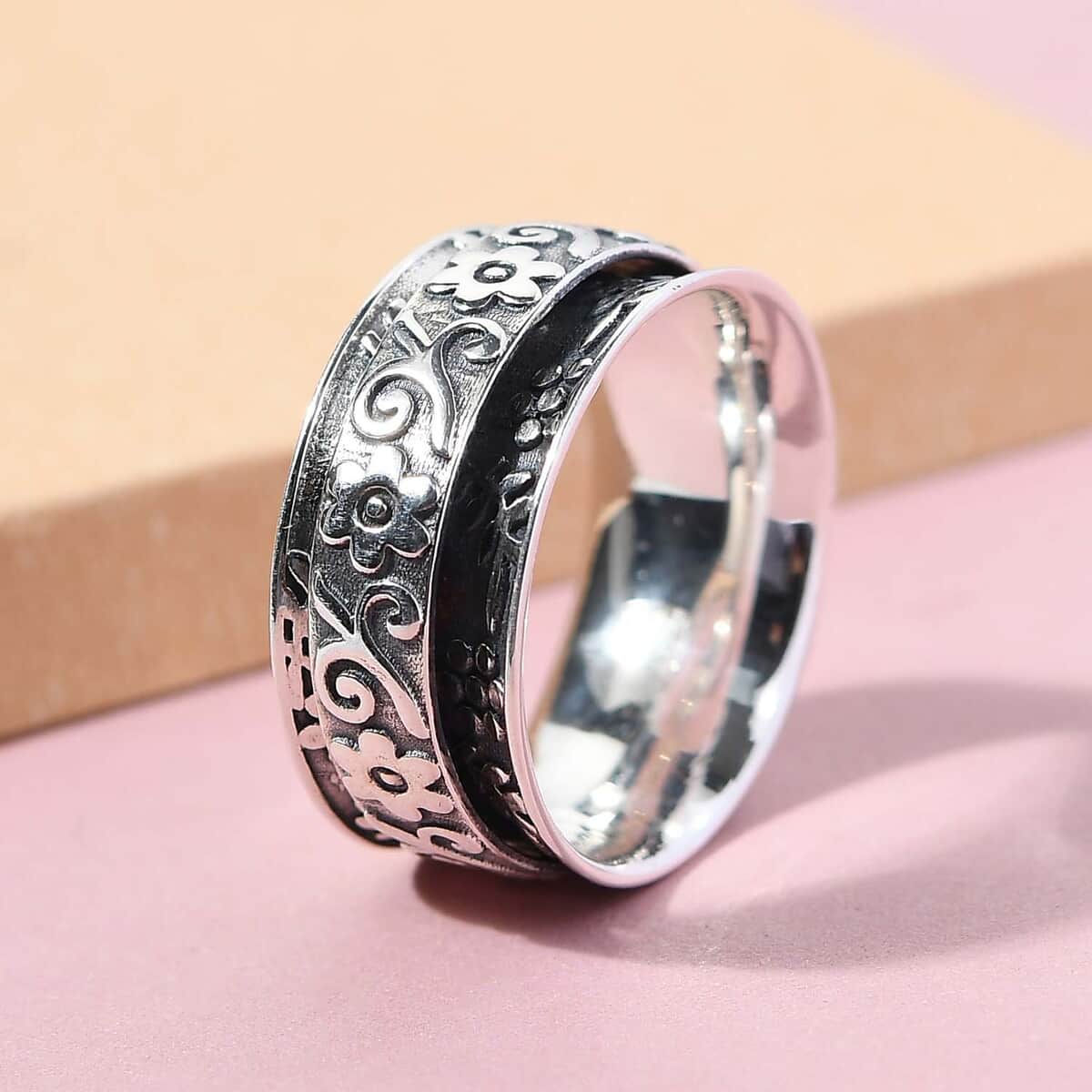 Sterling Silver Floral Spinner Ring, Anxiety Ring for Women, Fidget Rings for Anxiety for Women, Stress Relieving Anxiety Ring (Size 11.0) (6.50 g) image number 1