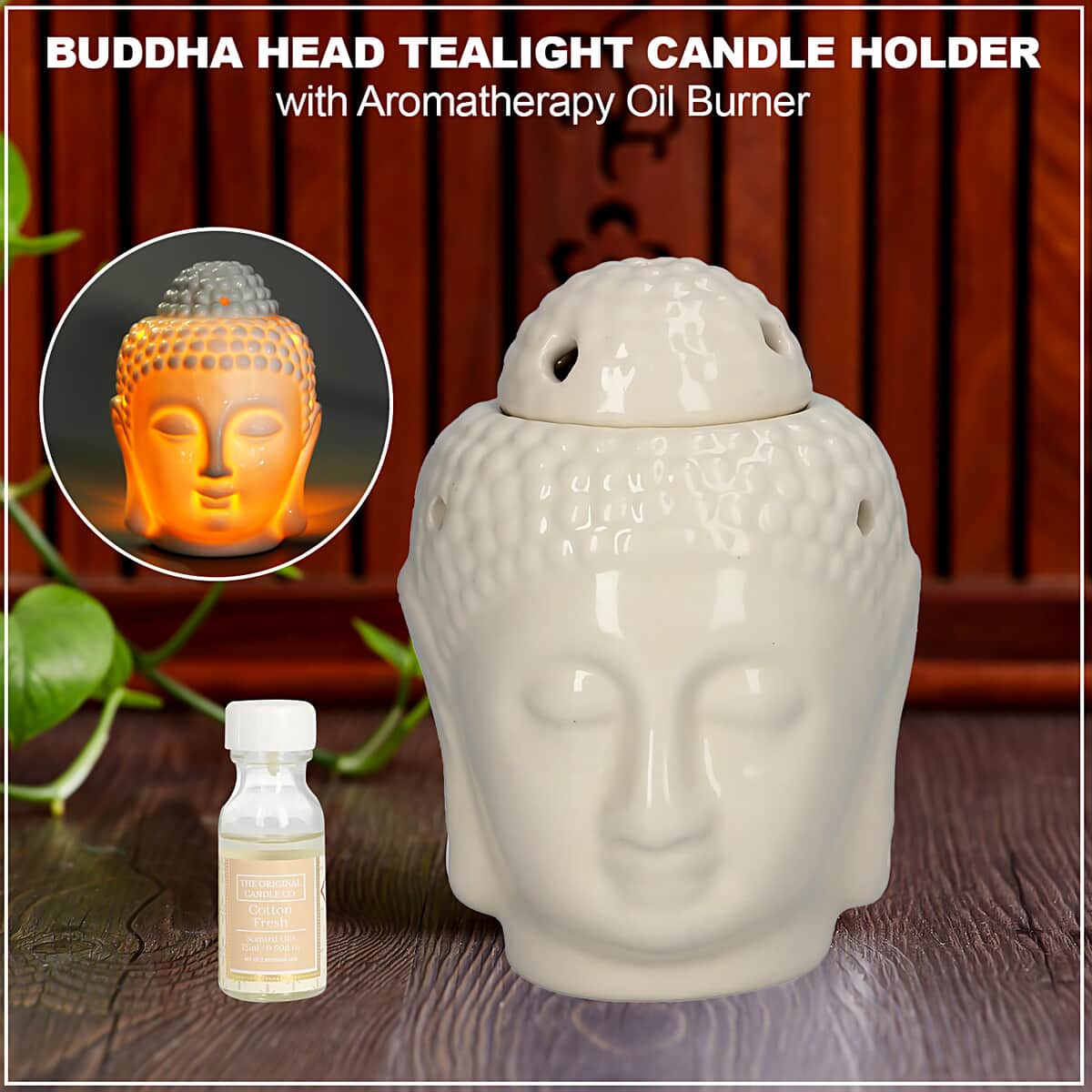 Beige Ceramic Buddha Head Tealight Candle Holder with Aromatherapy Oil Burner image number 1