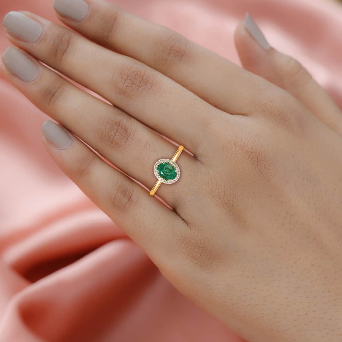 Iliana 18K Yellow Gold AAA Kagem Zambian Emerald and G-H SI Diamond Halo Ring (Size 6.0) 1.40 ctw image number 1