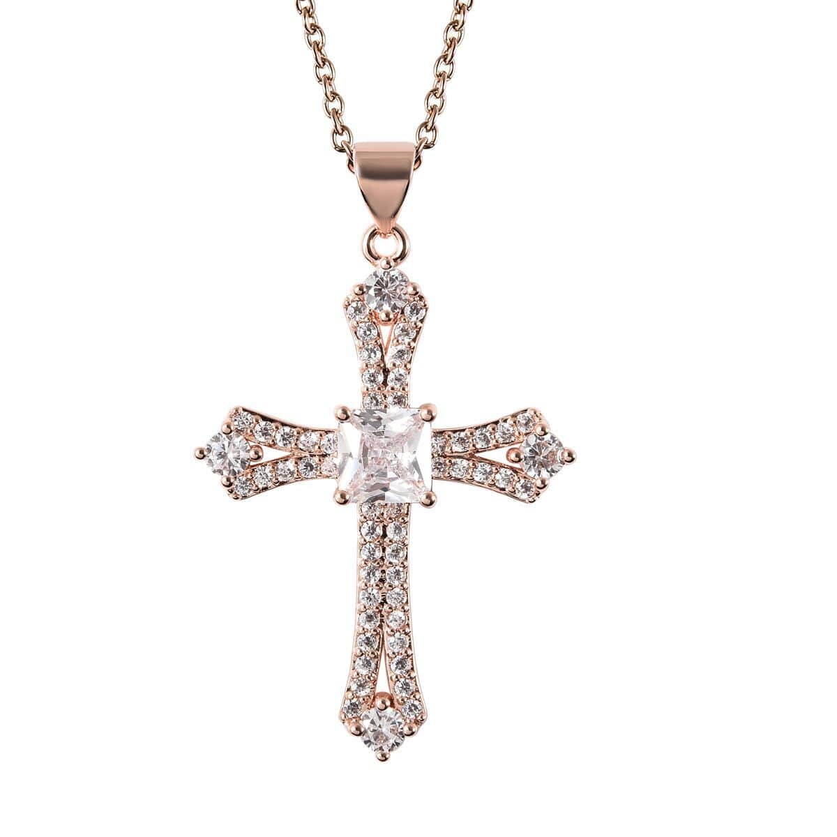 Simulated Diamond Cross Pendant Necklace 20 Inches in Rosetone and ION Plated Rose Gold Stainless Steel 2.65 ctw image number 0
