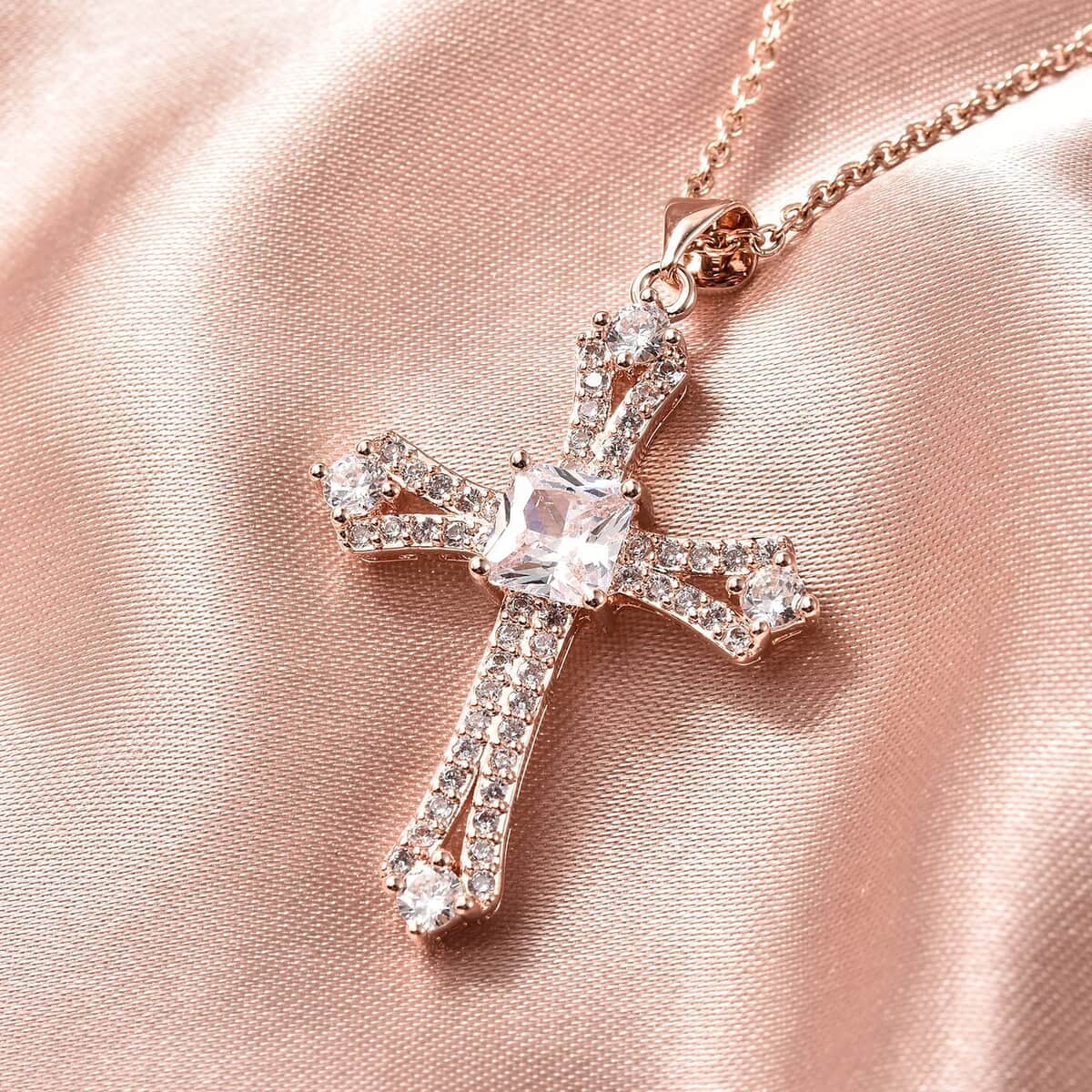 Simulated Diamond Cross Pendant Necklace 20 Inches in Rosetone and ION Plated Rose Gold Stainless Steel 2.65 ctw image number 1