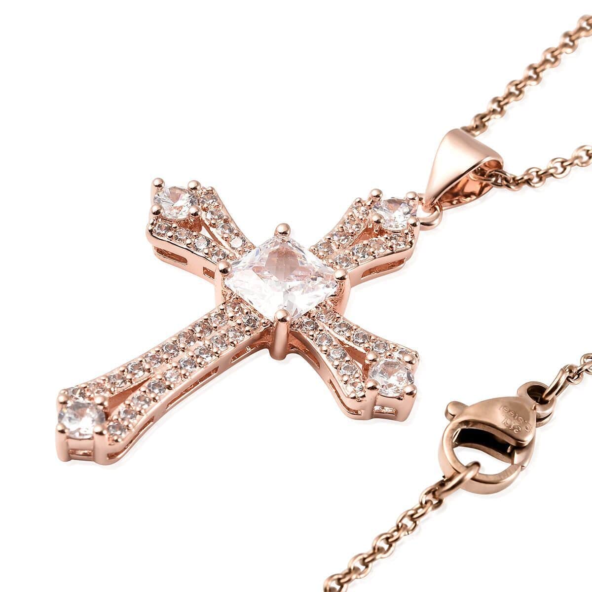 Simulated Diamond Cross Pendant Necklace 20 Inches in Rosetone and ION Plated Rose Gold Stainless Steel 2.65 ctw image number 3