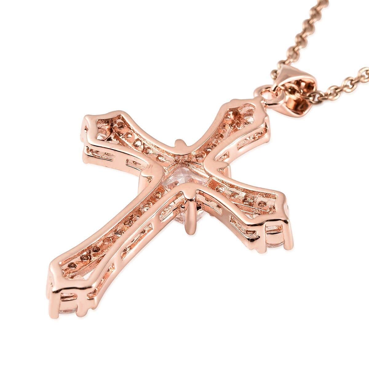 Simulated Diamond Cross Pendant Necklace 20 Inches in Rosetone and ION Plated Rose Gold Stainless Steel 2.65 ctw image number 4