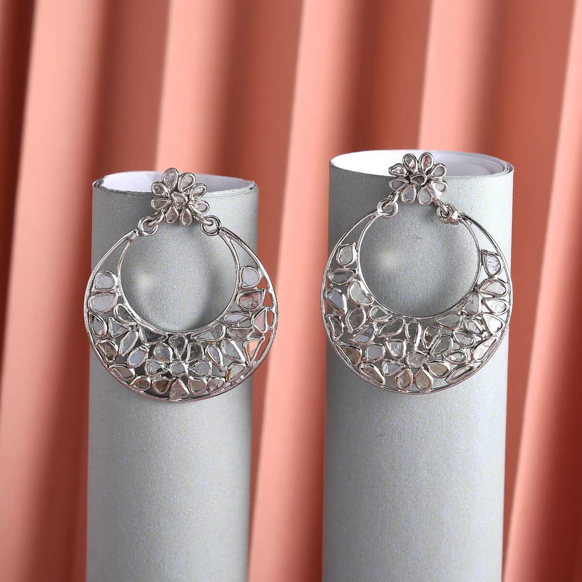 Artisan Crafted Polki Diamond Earrings in Platinum Over Sterling Silver 2.25 ctw image number 1