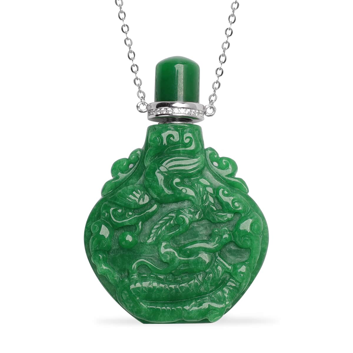 Green Jade and Simulated Diamond Carved Dragon Scent Bottle Necklace 18 Inches in Sterling Silver 346.75 ctw image number 0