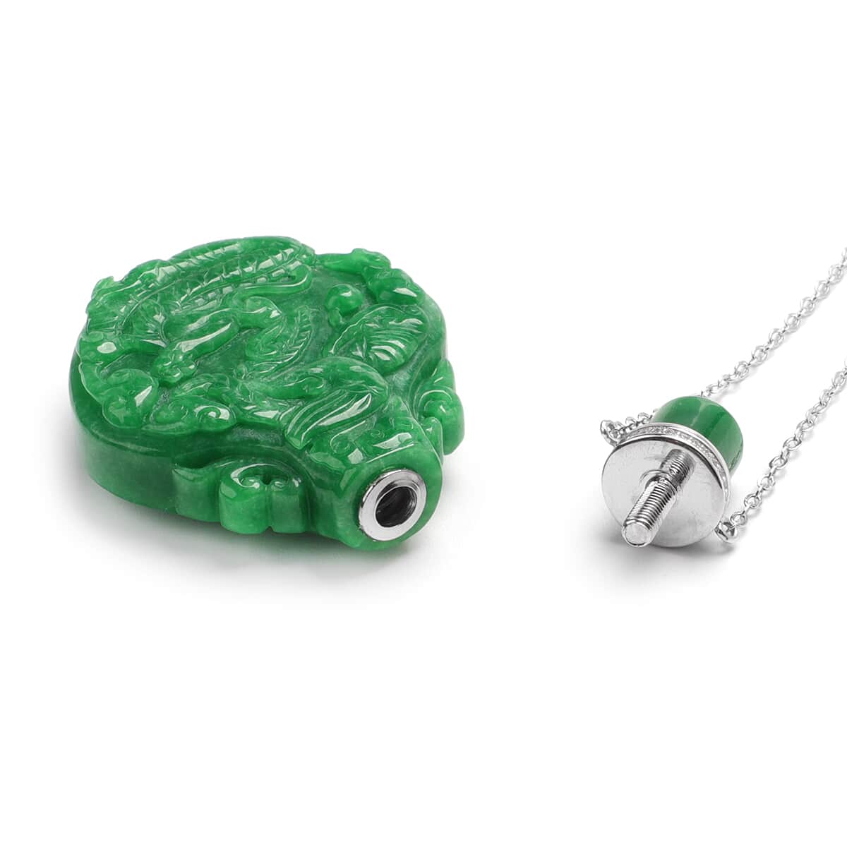 Green Jade and Simulated Diamond Carved Dragon Scent Bottle Necklace 18 Inches in Sterling Silver 346.75 ctw image number 4