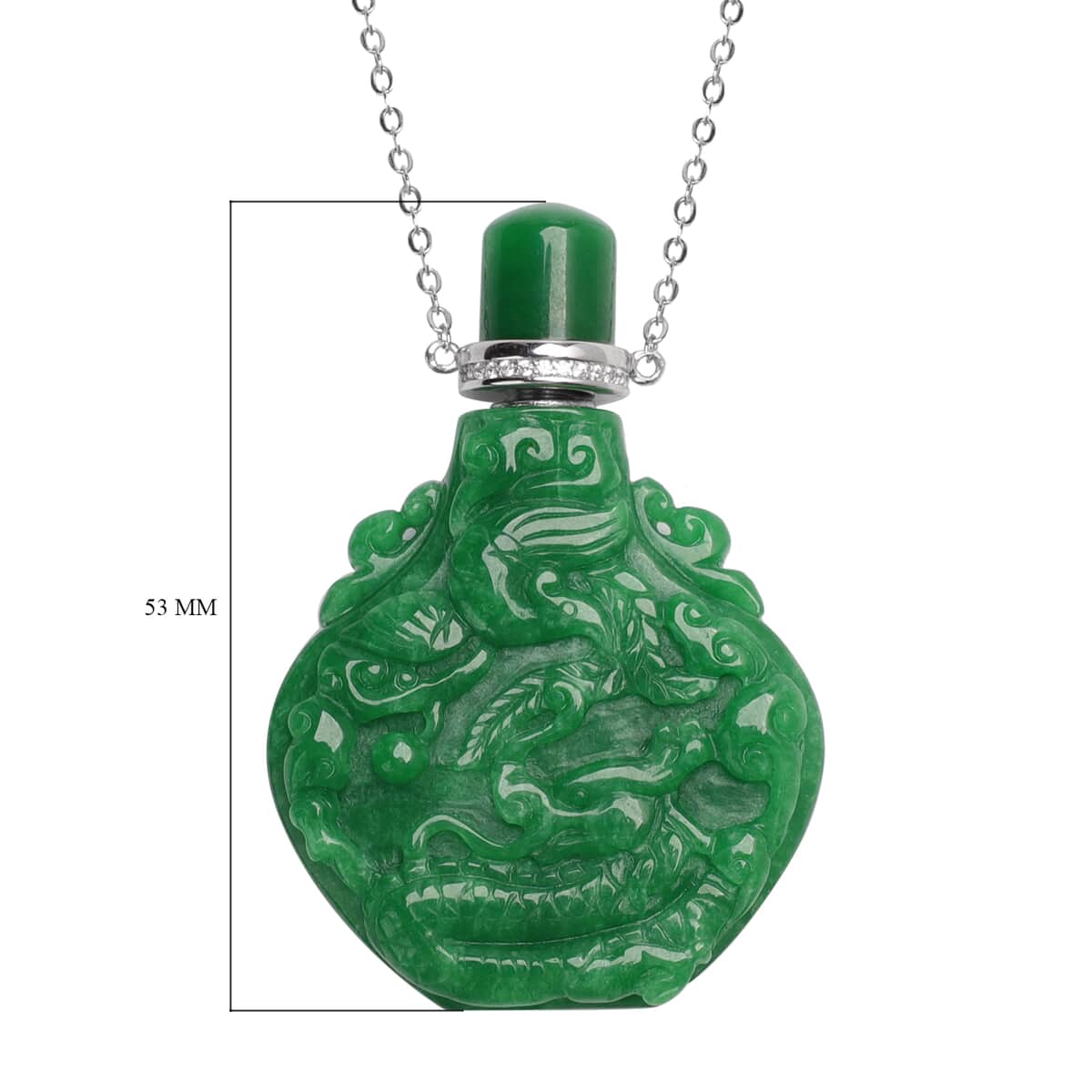 Green Jade and Simulated Diamond Carved Dragon Scent Bottle Necklace 18 Inches in Sterling Silver 346.75 ctw image number 5