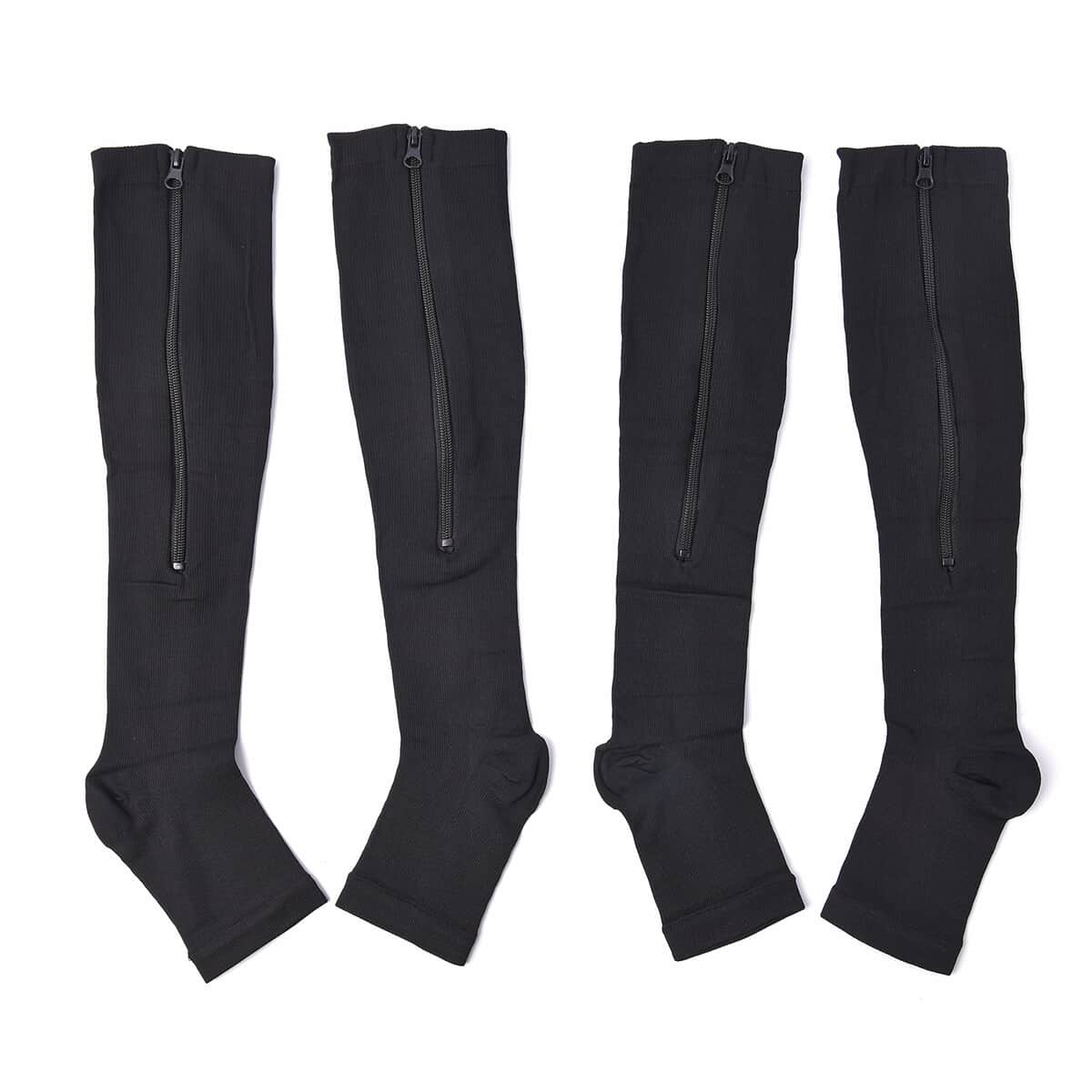 Set of 2 Pairs Black Zipper Compression Socks with Open Toe (S/M)-15-20mmHg image number 0