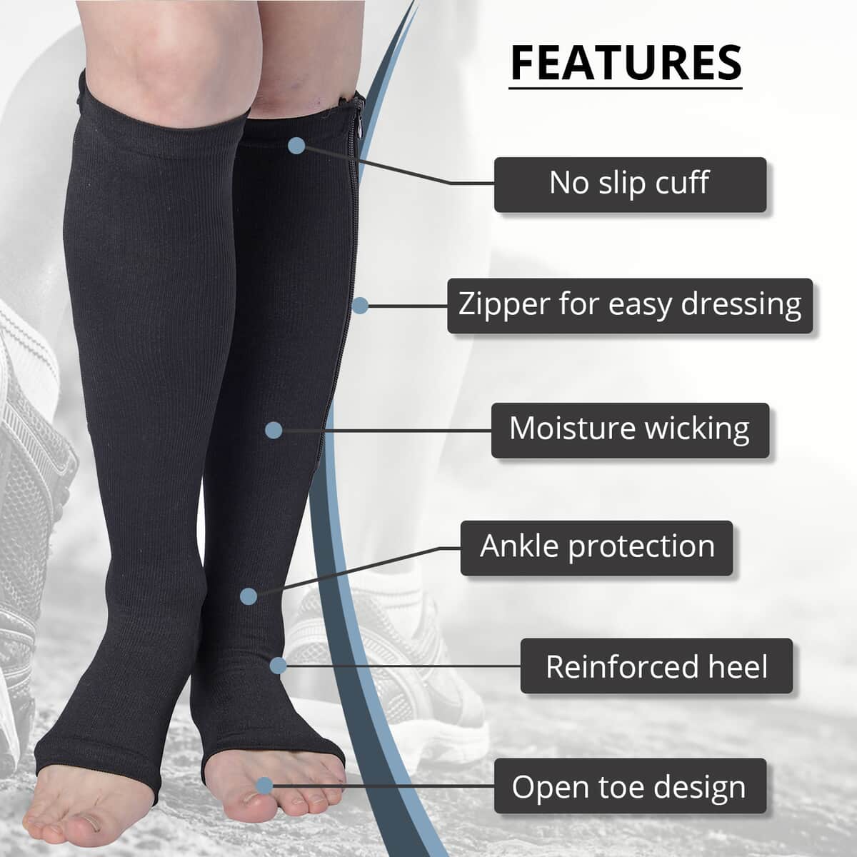 Set of 2 Pairs Black Zipper Compression Socks with Open Toe (S/M)-15-20mmHg image number 1
