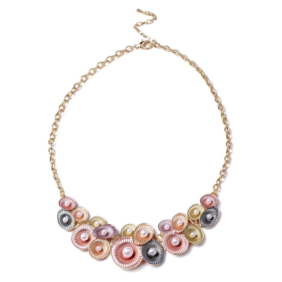 Simulated Pearl and Enameled Oyster Cluster Necklace 20-22 Inches in Goldtone image number 0