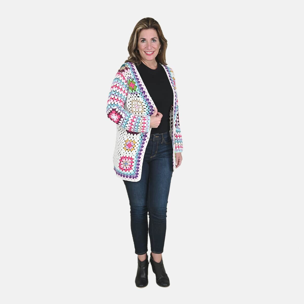 PASSAGE 100% Cotton Crochet White and Multi Color Square Cardigan for Women, Bohemian Sweater, Open Front- (S) image number 0