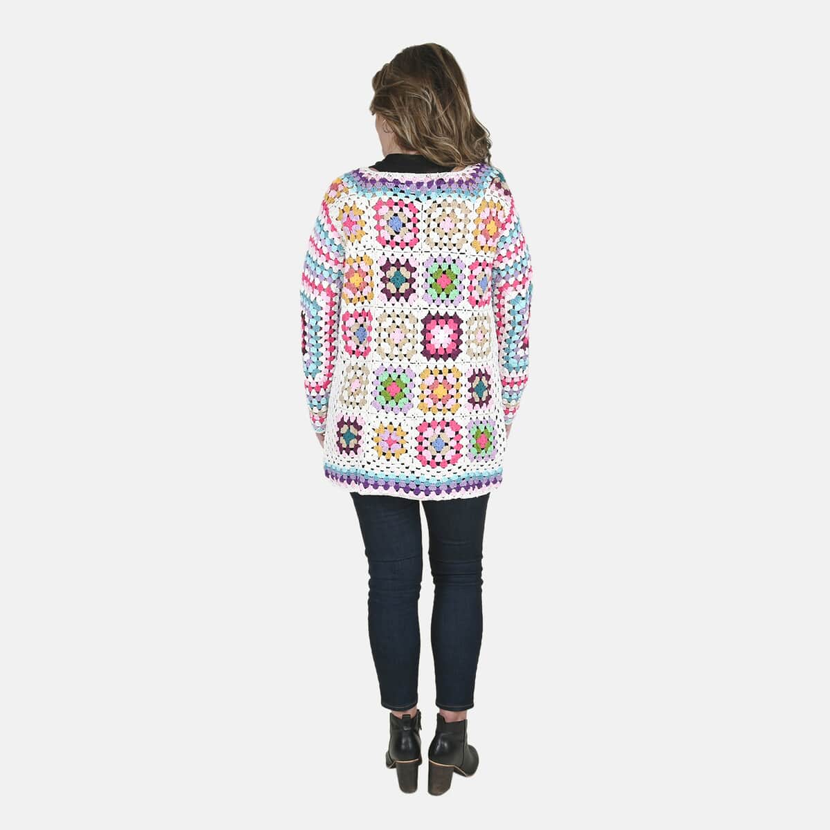 PASSAGE 100% Cotton Crochet White and Multi Color Square Cardigan for Women, Bohemian Sweater, Open Front- (S) image number 1